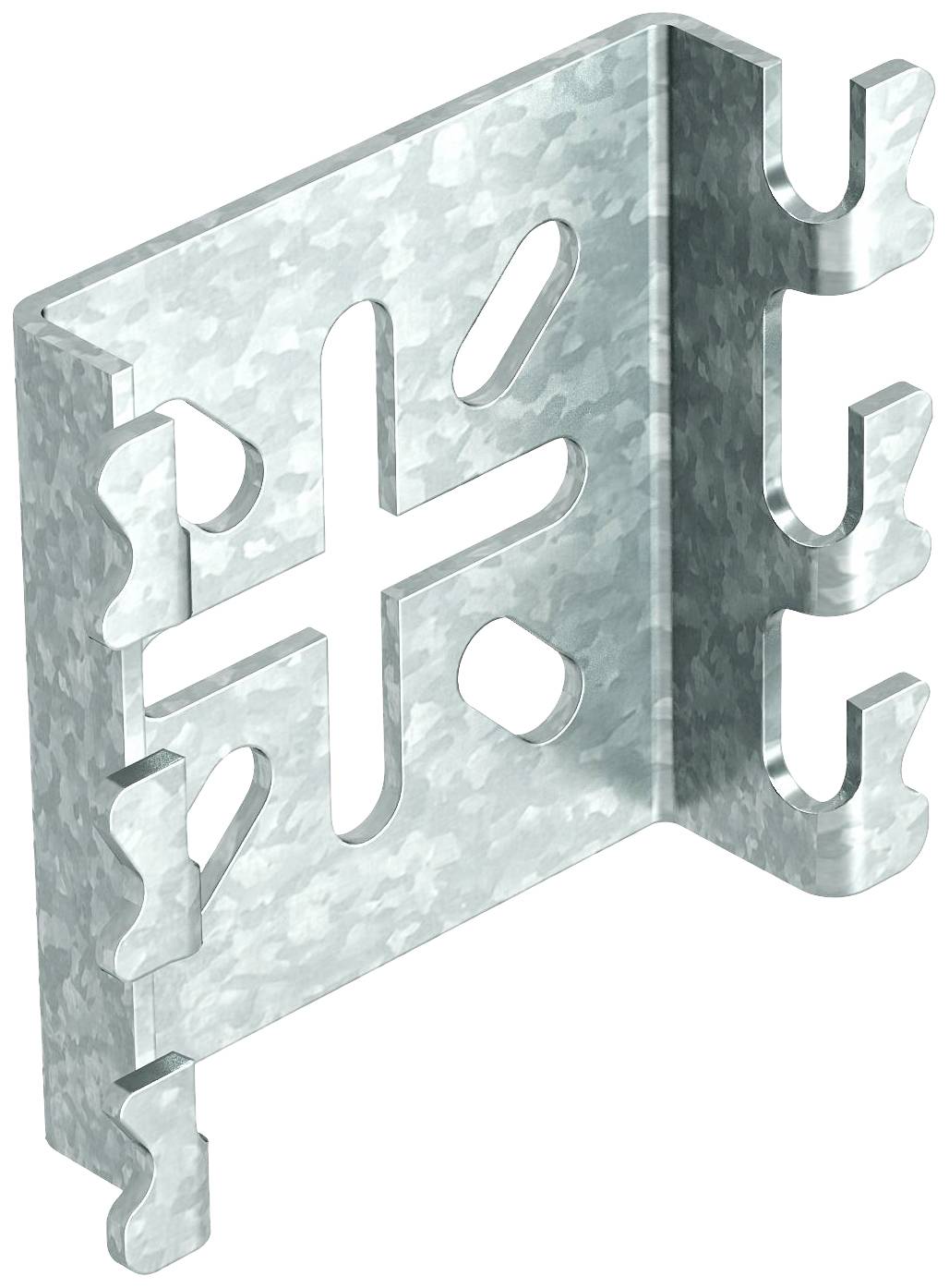 Fém rögzítőszög több horoggal és központi kereszthoronnyal, amely alkalmas kábelek vagy vezetékek fali rögzítéséhez.