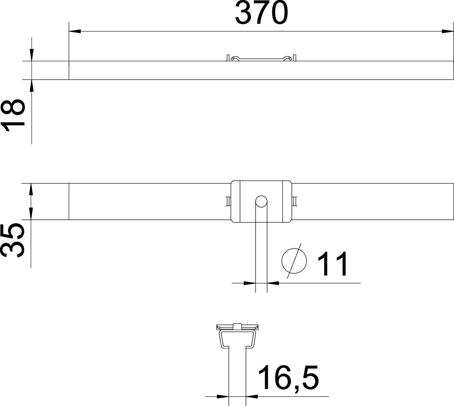 Műszaki rajz egy téglalap alakú alkatrészről a következő méretekkel: hosszúság 370 mm, magasság 18 mm, szélesség 35 mm, furat átmérője 11 mm.
