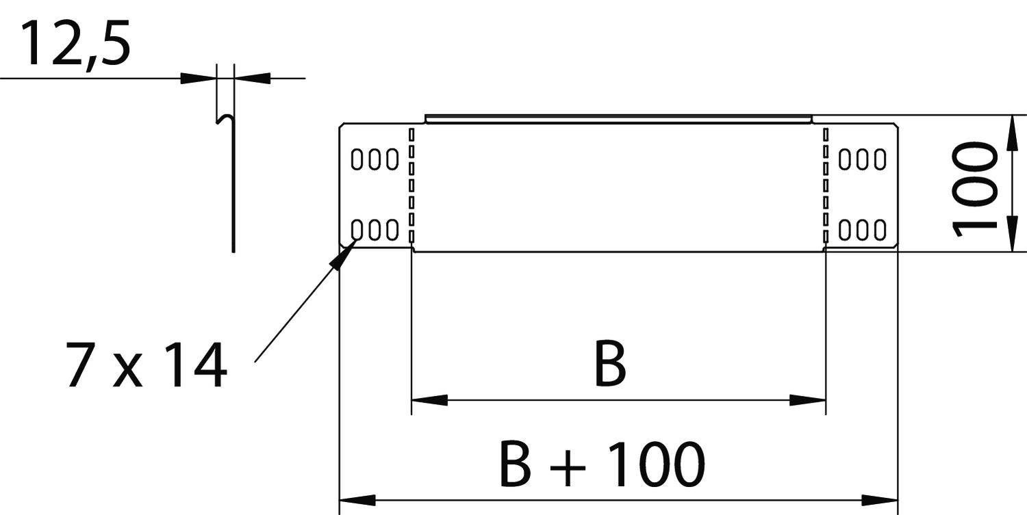 Műszaki rajz egy komponensről méretekkel: magasság 100, szélesség B+B+100, furatminta 7 x 14, távolság 12,5.