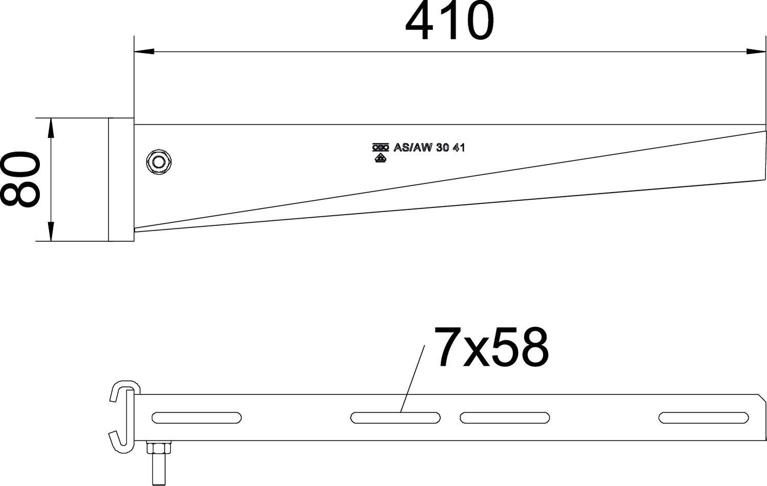 Műszaki rajz egy fémtartóról, hosszúság: 410 mm, szélesség: 80 mm, több rögzítőnyílással (7x58 mm).