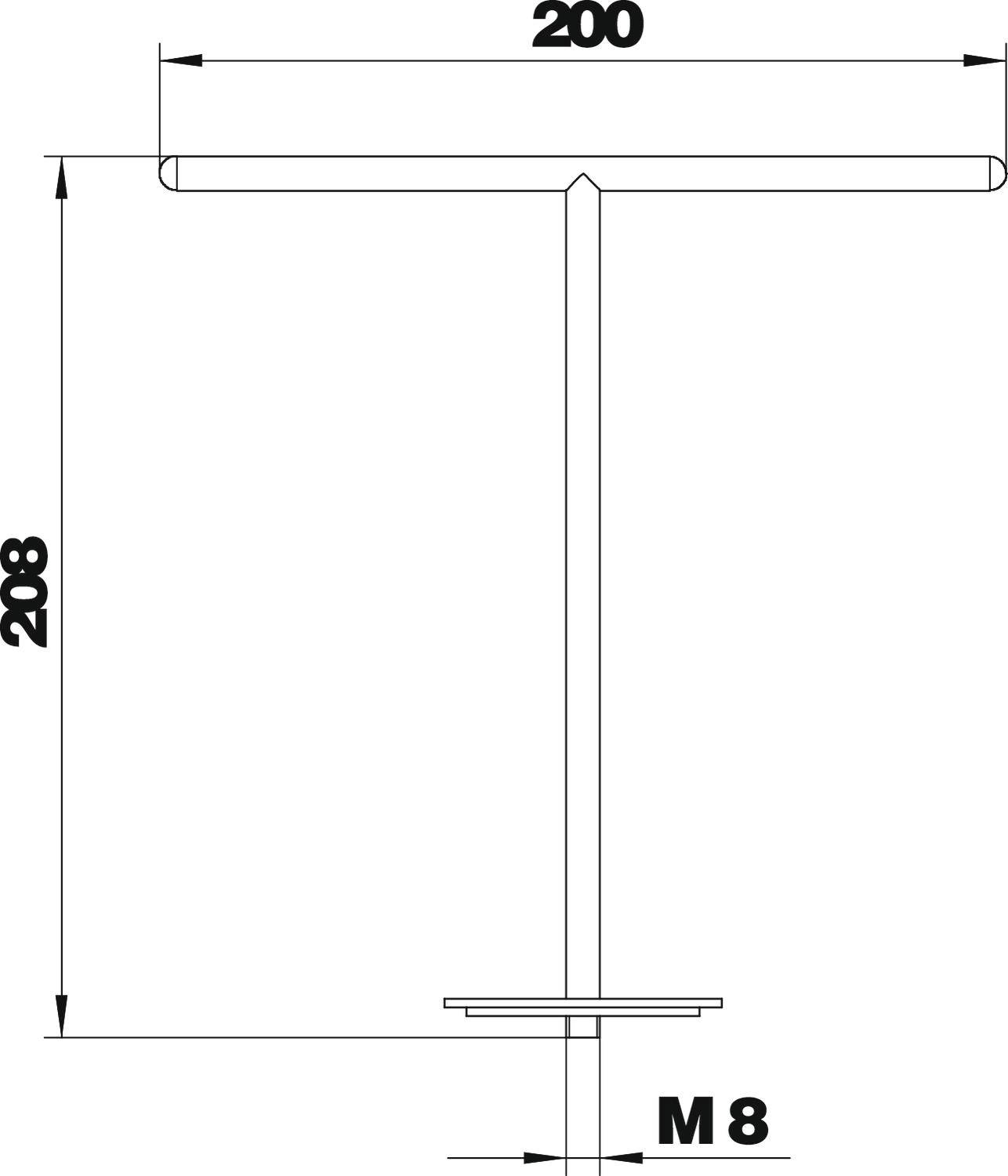 Műszaki rajz egy fém T-idomról méretekkel: vízszintes hosszúság 200 mm, függőleges magasság 208 mm, menet M8.