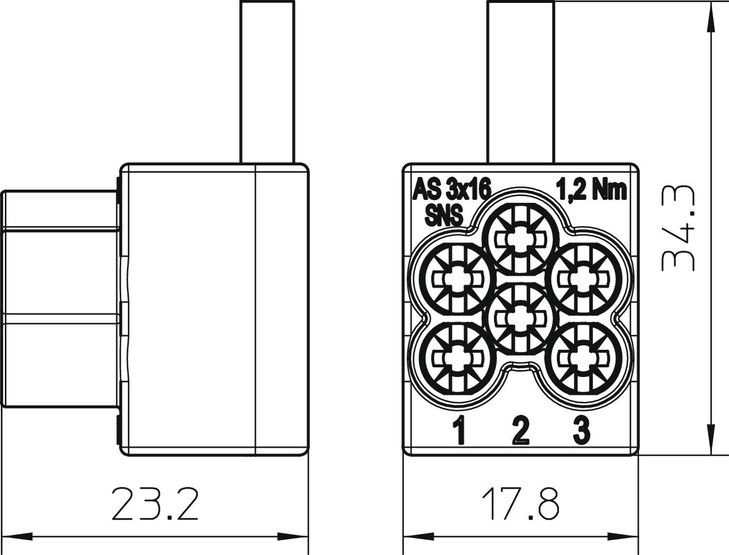 Műszaki rajz egy háromcsatlakozós csatlakozóról, méretei: 23,2 mm szélesség, 34,3 mm magasság, 17,8 mm mélység.