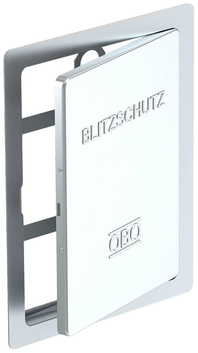 Fehér ajtó 'VILLÁMVÉDELEM' és 'OBO' feliratokkal, ezüstös keretben rögzítve.