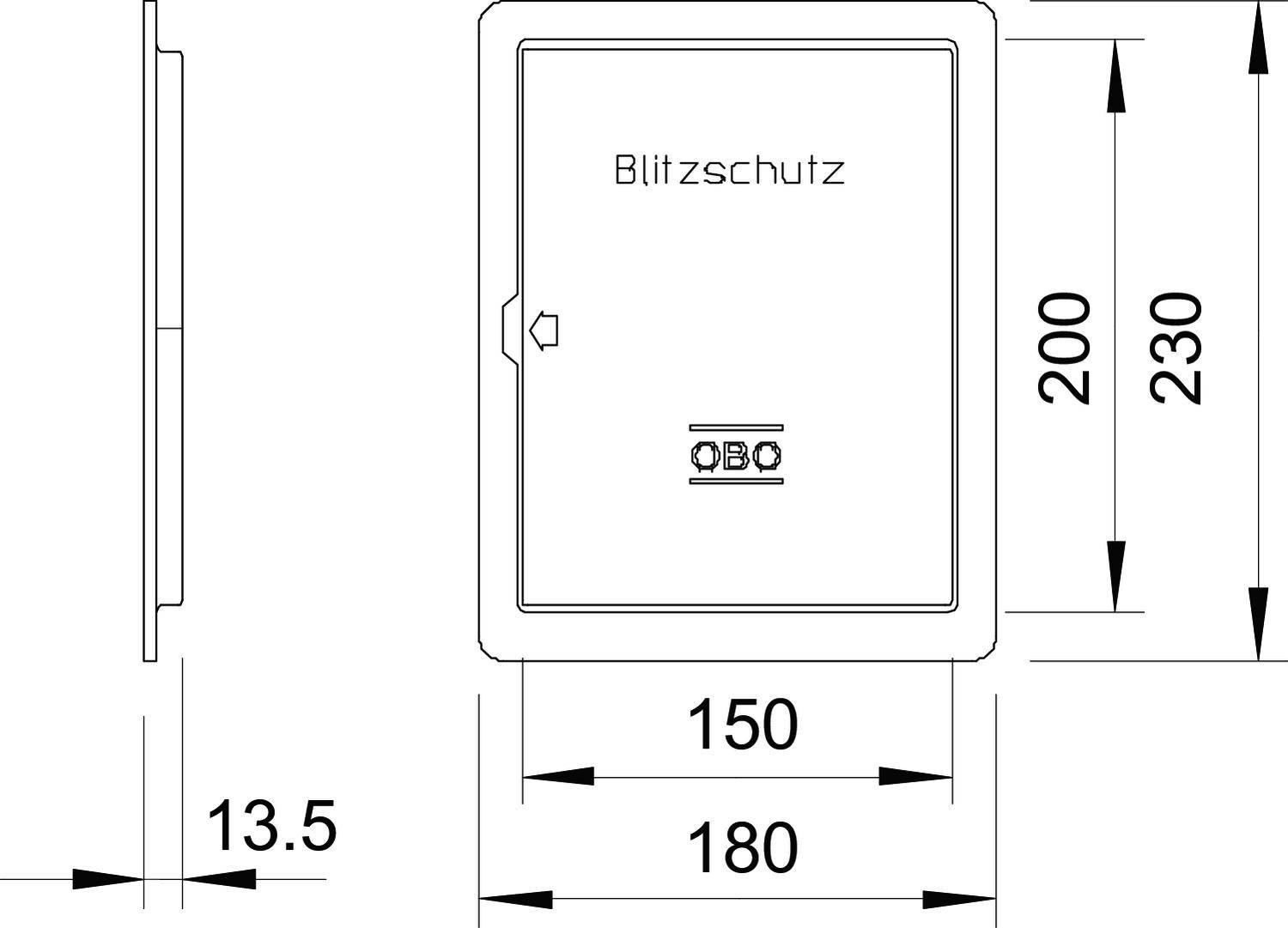 Műszaki rajz egy tokozatról 'Villámvédelem' felirattal. Mérete: 230 mm magasság, 180 mm szélesség, 13,5 mm mélység.