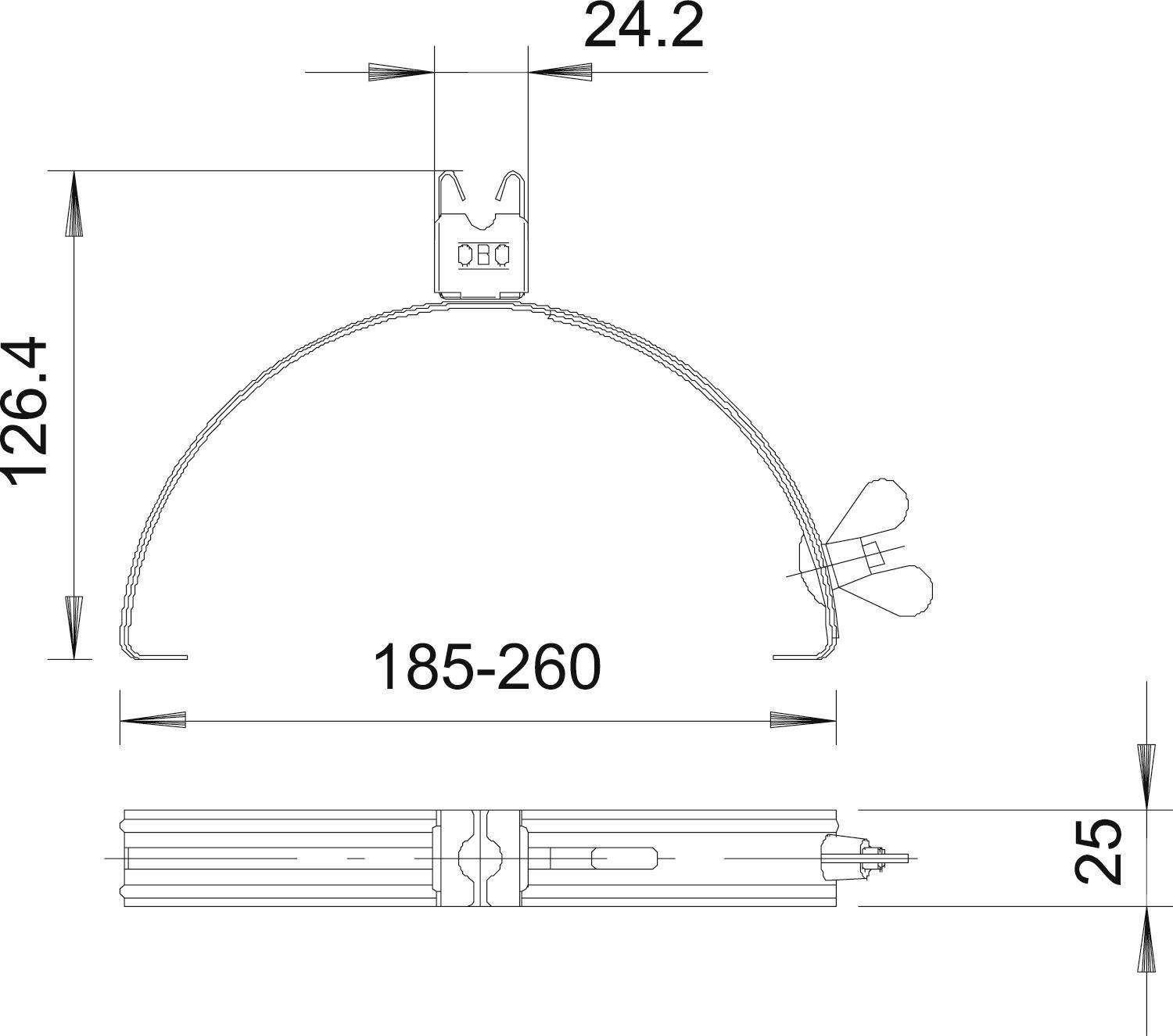 Egy fényelem műszaki rajza méretekkel: szélesség 24,2 cm, magasság 126,4 cm, hosszúság 185-260 cm. Komponensek részletezett nézete.