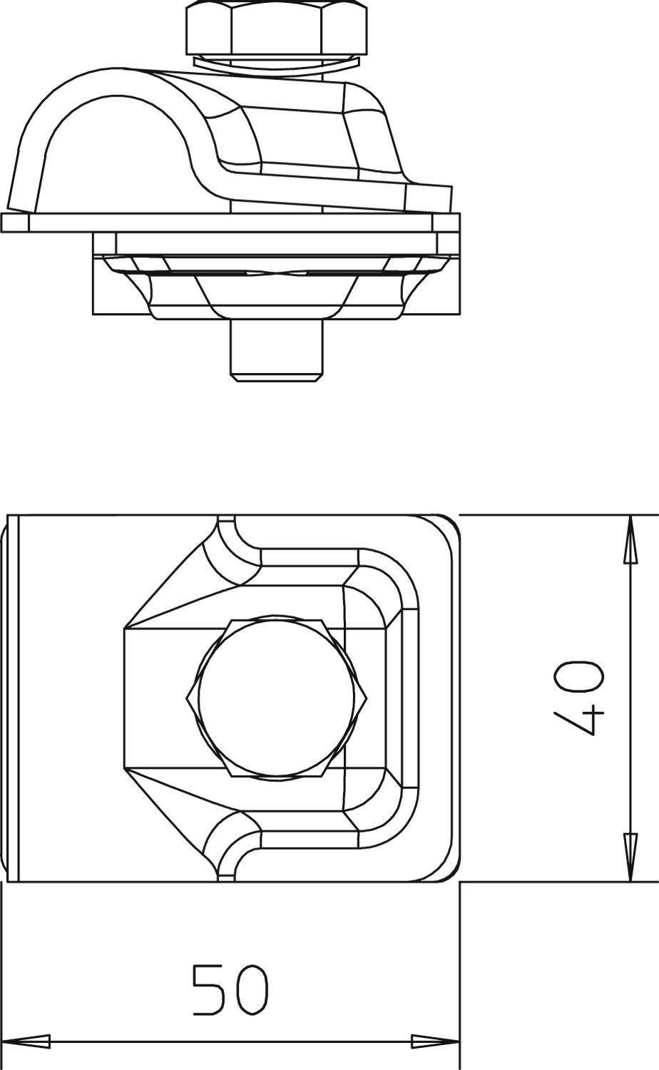 Műszaki rajz egy alkatrész komponensről két nézetben. Felül oldalnézet csavarral; alul felülnézet méretekkel: 50 mm szélesség, 40 mm magasság.