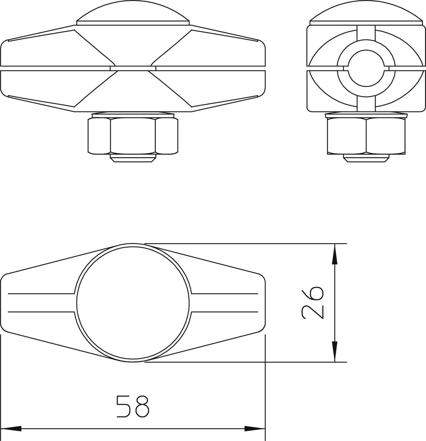 Egy alkatrész műszaki rajza három nézetben: oldalnézet, elölnézet és felülnézet. Méret: 26 mm magasság, 58 mm szélesség.