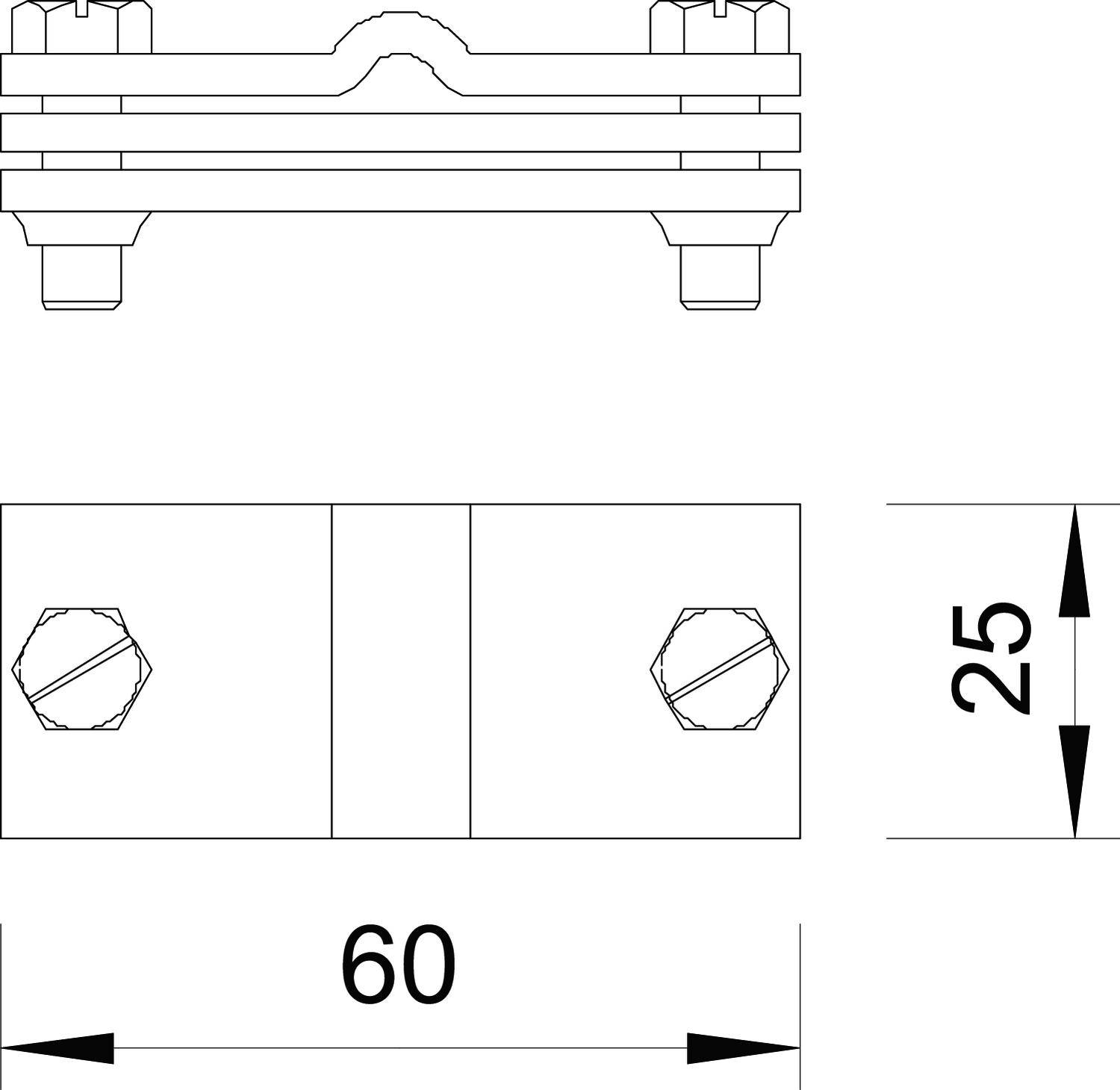 Fémösszekötő műszaki rajza két csavarlyukkal, felülnézeti és oldalnézeti ábrázolással. Méret: 60 mm hosszúság, 25 mm magasság.