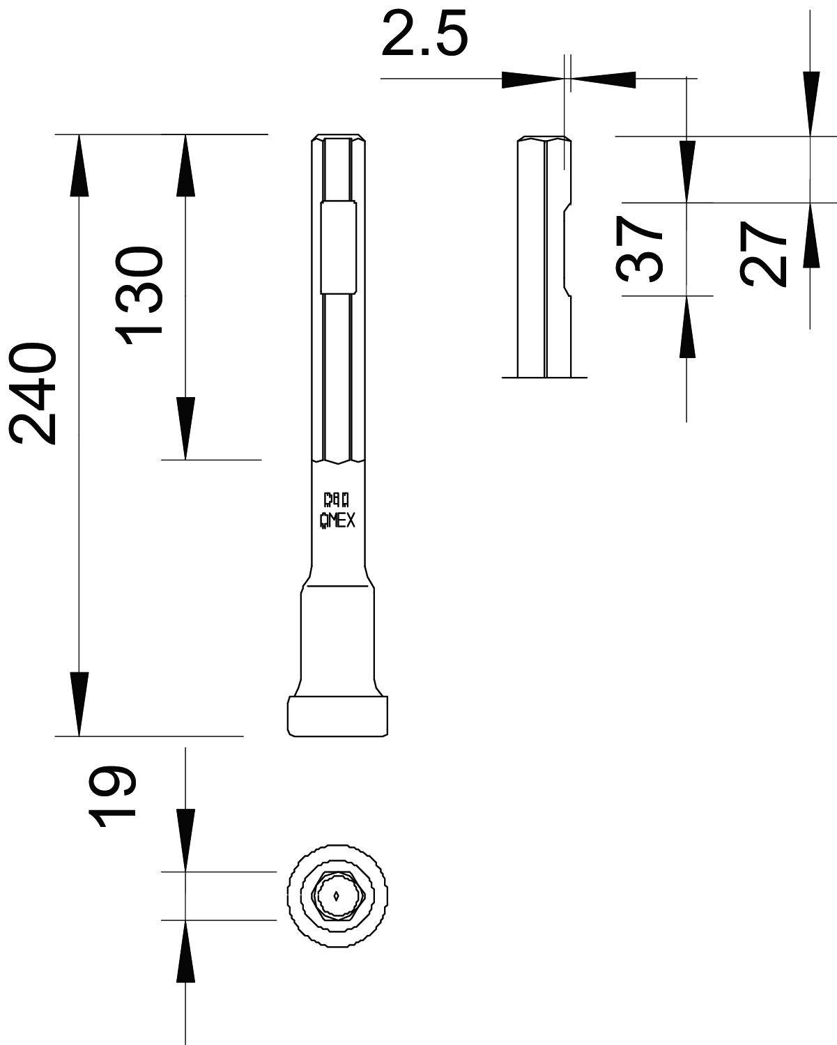 Egy szerszám műszaki rajza oldalnézetben és felülnézetben. Méretezés: teljes hossz 240 mm, egyéb méretek 130 mm, 37 mm, 27 mm, 19 mm, átmérő 2,5 mm.