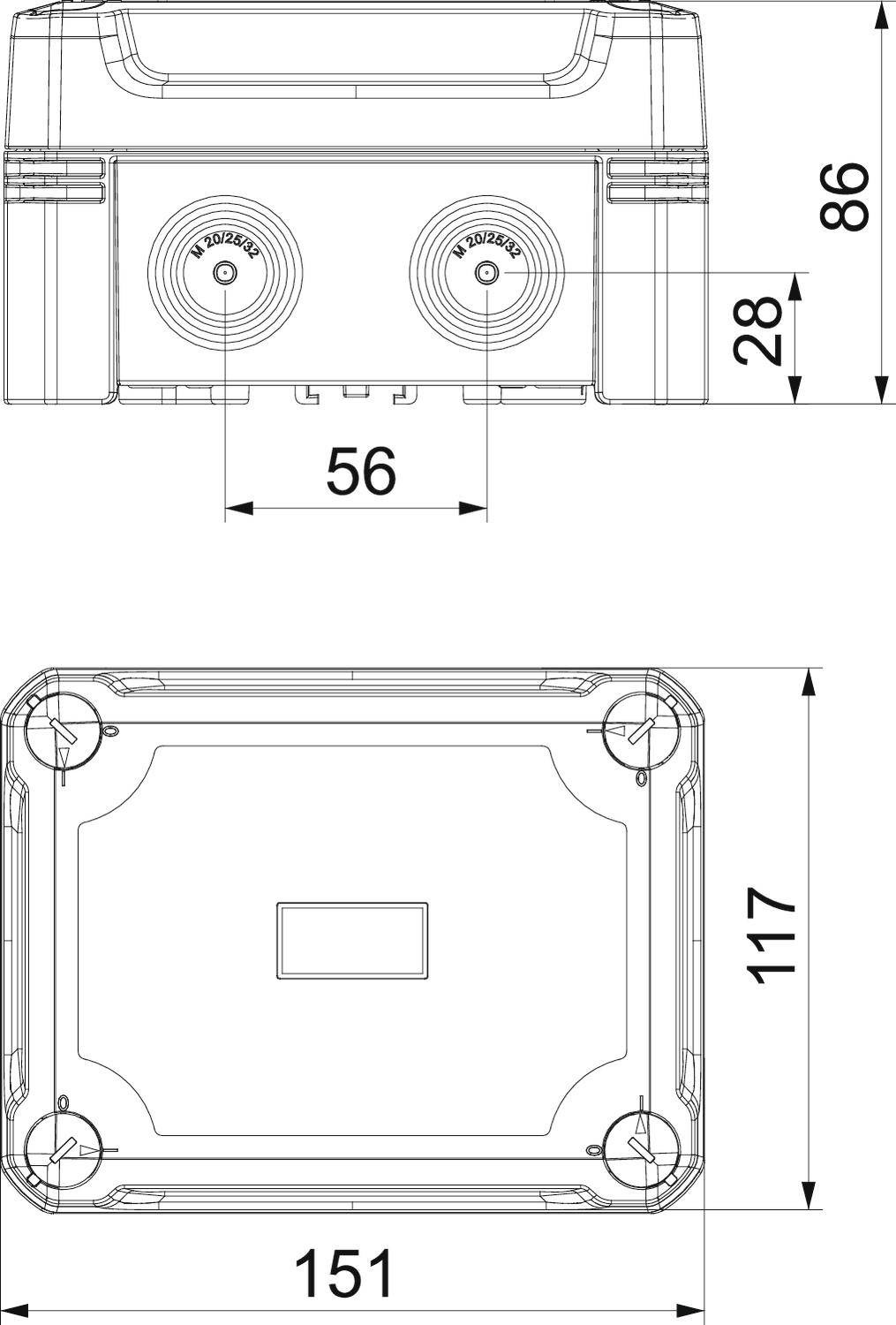 Műszaki rajz egy téglalap alakú házról a következő méretekkel: felül 151 mm x 117 mm, oldalt 86 mm magas. Elölnézet két köralakú nyílást mutat.