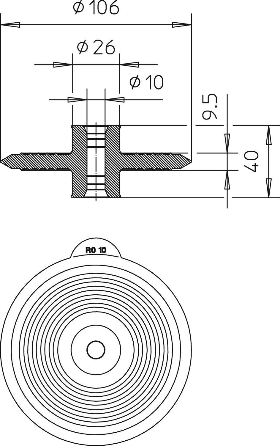 Egy alkatrész műszaki rajza keresztmetszeti és felülnézeti ábrázolással. Méretek: 106 mm átmérő, 10 mm belső átmérő, 9,5 mm magasság.