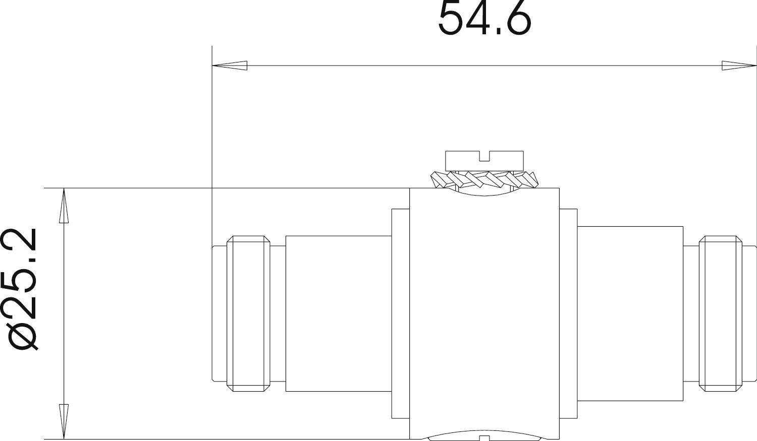 Egy hengeres mechanikai alkatrész műszaki rajza. Méretei: 25,2 mm átmérő, 54,6 mm hosszúság.