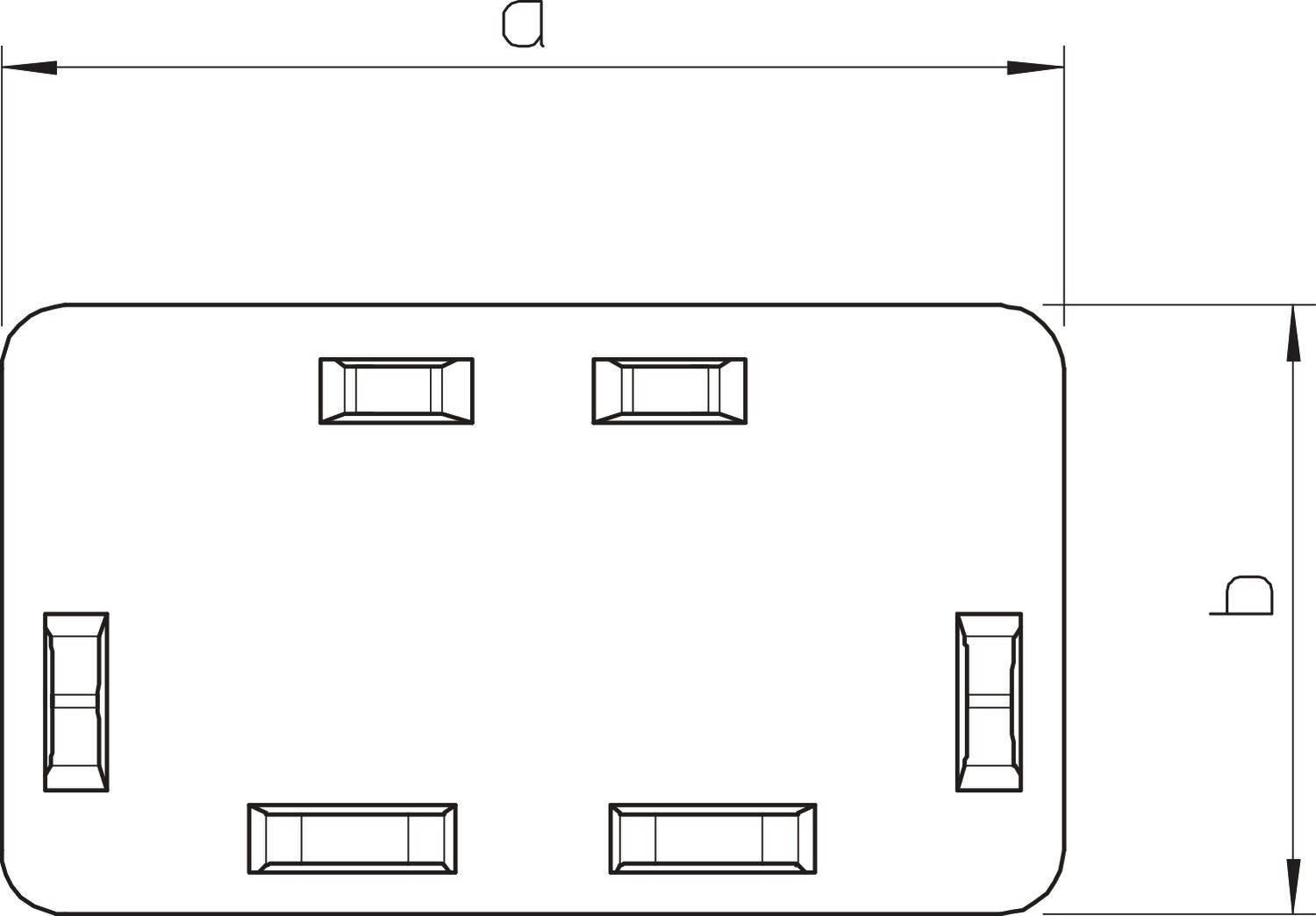 Egy téglalap alakú lemez diagramja hat, szimmetrikusan elrendezett téglalap alakú kivágással. Méretei: hosszúság 'a', szélesség 'b'.