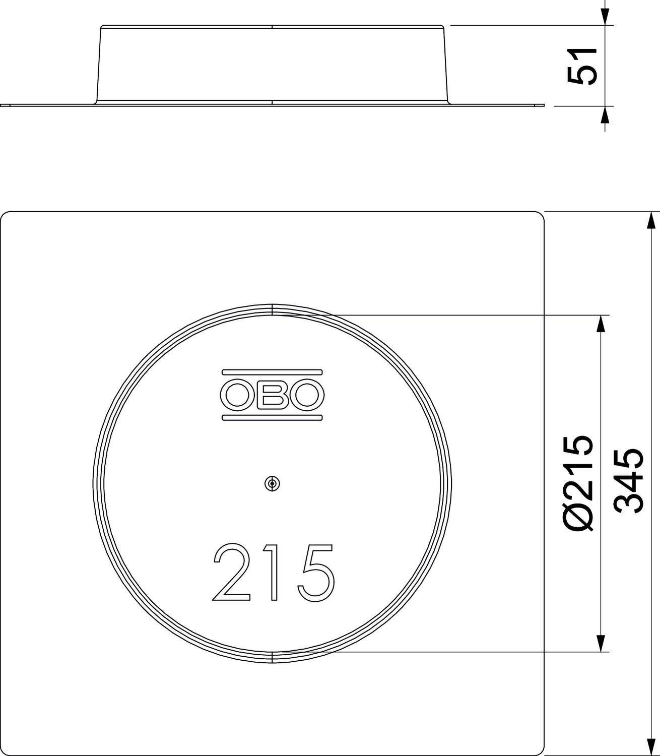 Műszaki rajz egy négyzet alakú fali doboz betétről, 345 mm x 51 mm méretekkel és egy 215 mm átmérőjű körrel a középpontban.