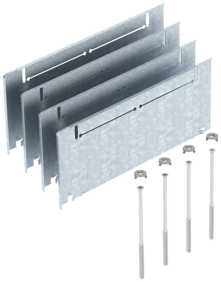 Négy fémtábla és négy csavar rögzítőelemekkel fehér háttéren, valószínűleg szerelési célokra alkalmas.