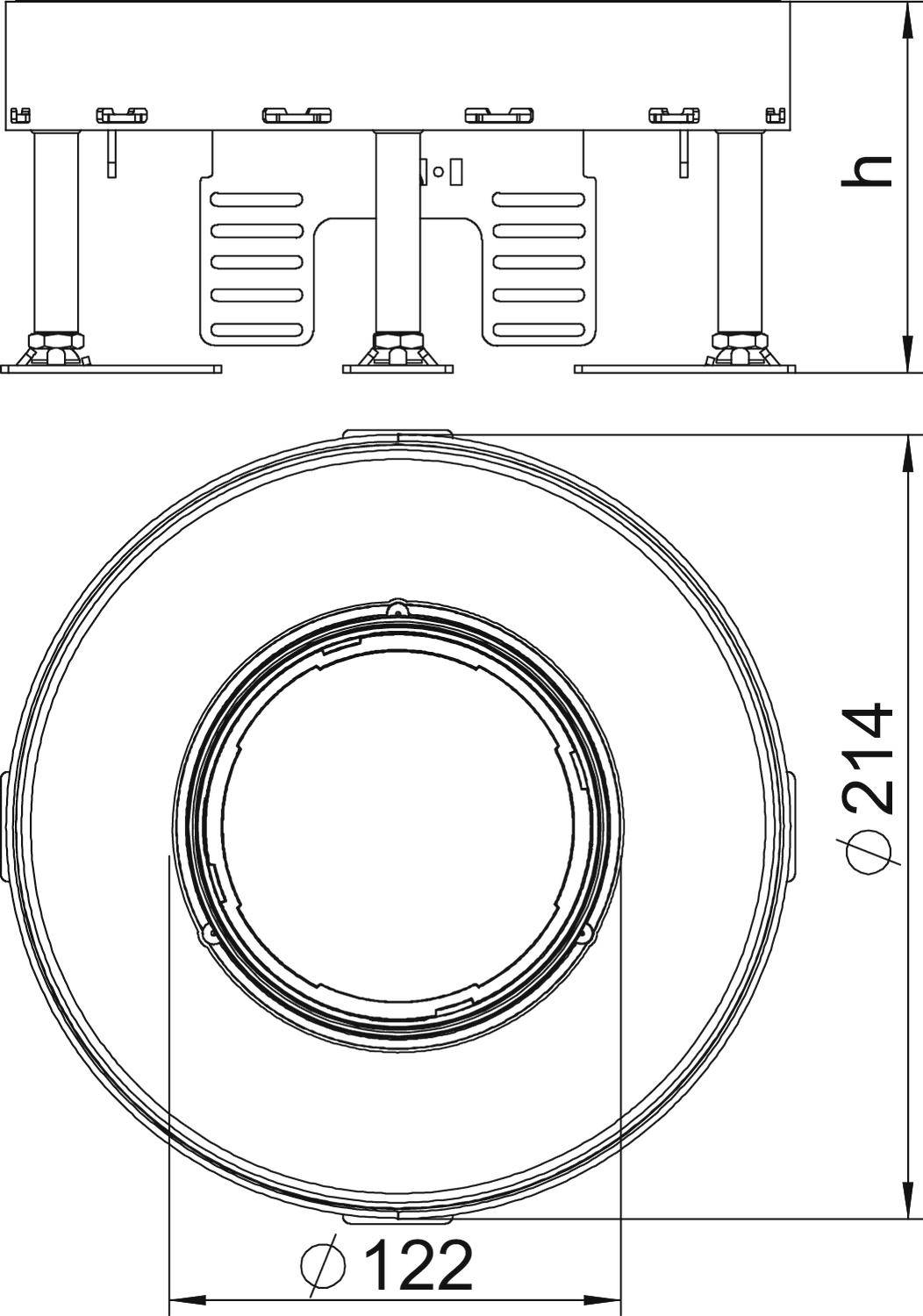 Műszaki rajz kerek szellőzőnyílásról 214 mm átmérővel és 122 mm magassággal. Magassági felirat 'h'.