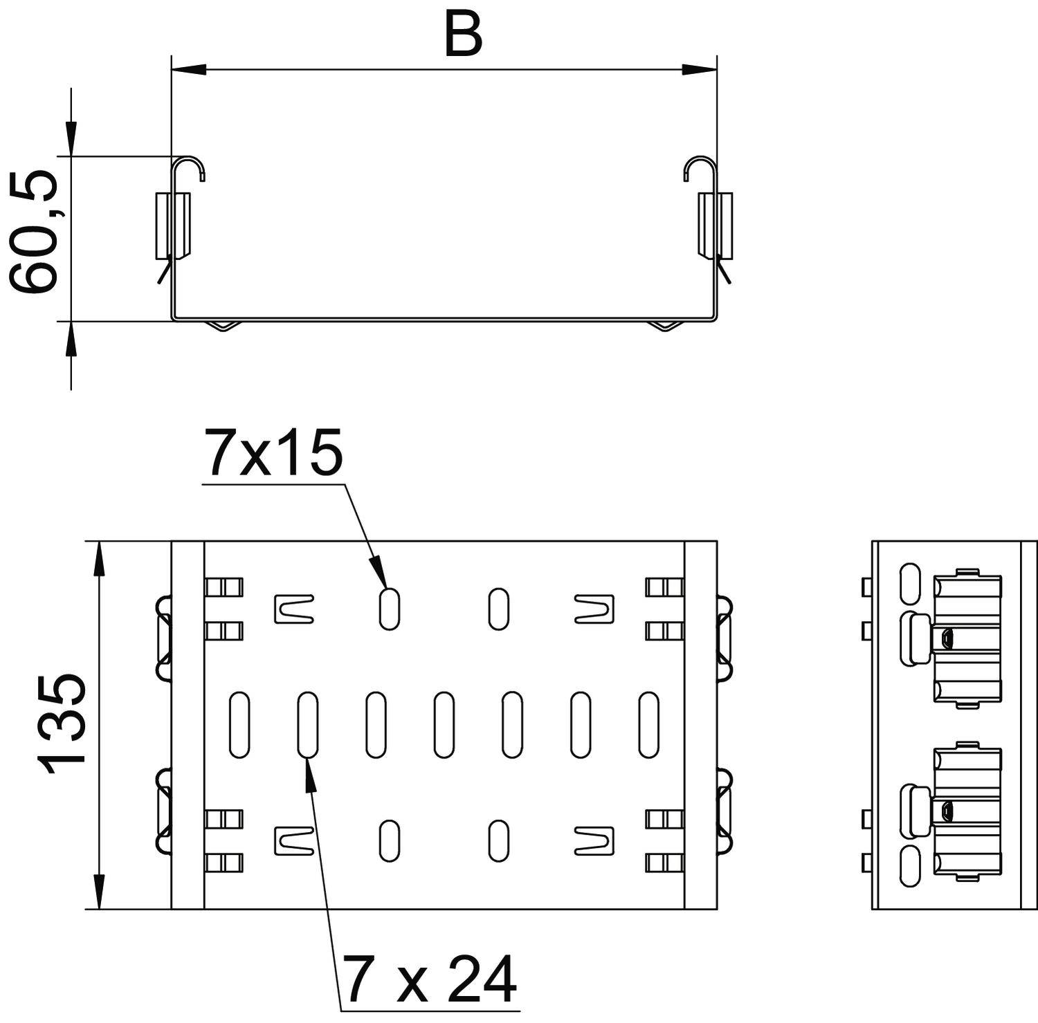 Műszaki rajz egy téglalap alakú alkatrészről a következő méretekkel: szélesség 'B', magasság 60,5 mm, hosszúság 135 mm. Furatok: 7x15 és 7x24.