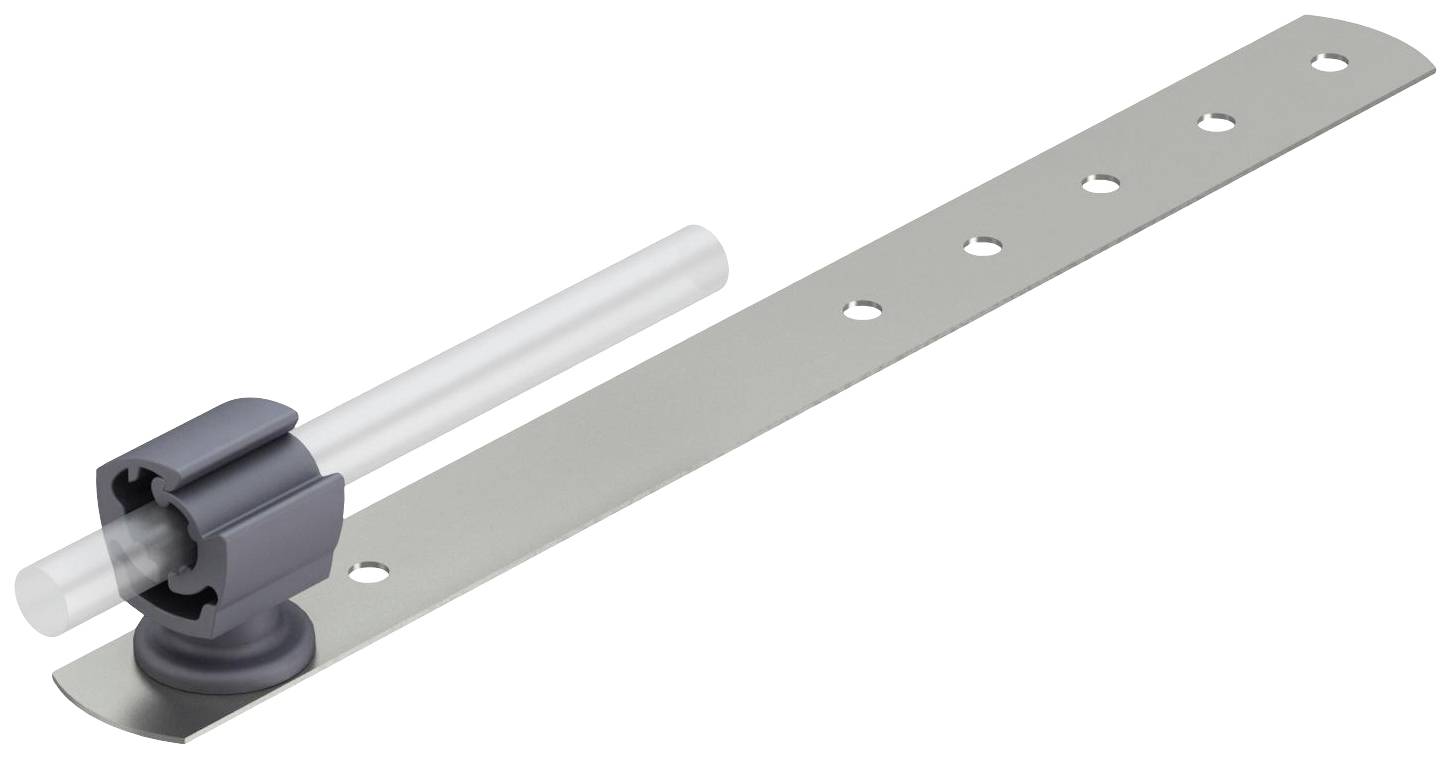 Szürke tartó egy lyukakkal ellátott hosszú fémszalagon. Műanyag cső van áthúzva a tartón, rögzítési célokból.