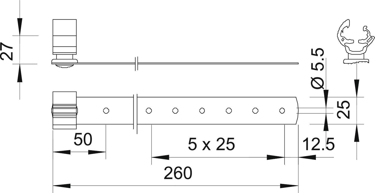 Műszaki rajz egy fémcsapról méretekkel: hosszúság 260 mm, átmérő 5,5 mm, furatközök 25 mm. Csatlakozóelemek feltüntetve.