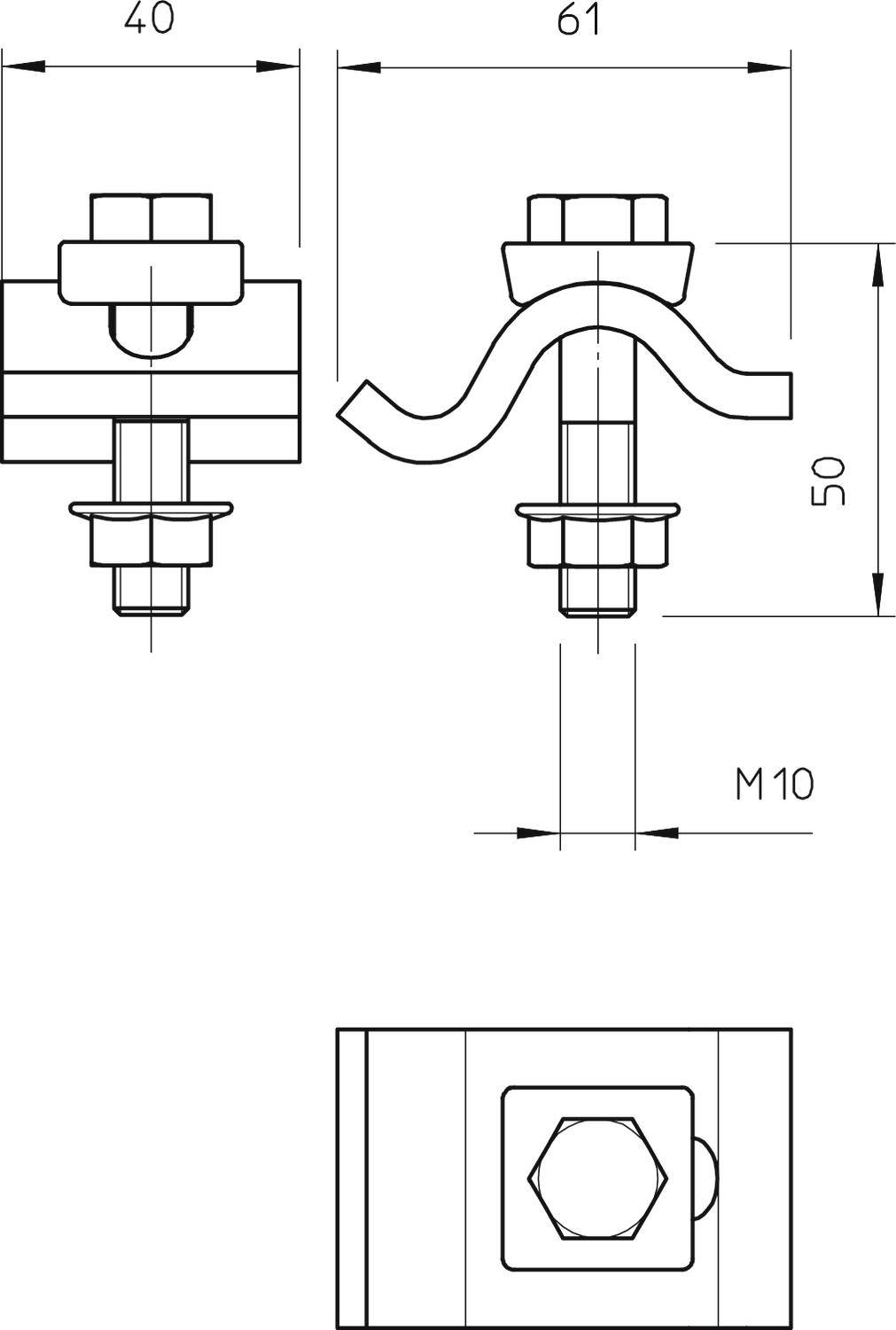 Műszaki rajz egy csatlakozóelemről méretekkel: hosszúság 61 mm, szélesség 40 mm, magasság 50 mm. Menetméret M10.