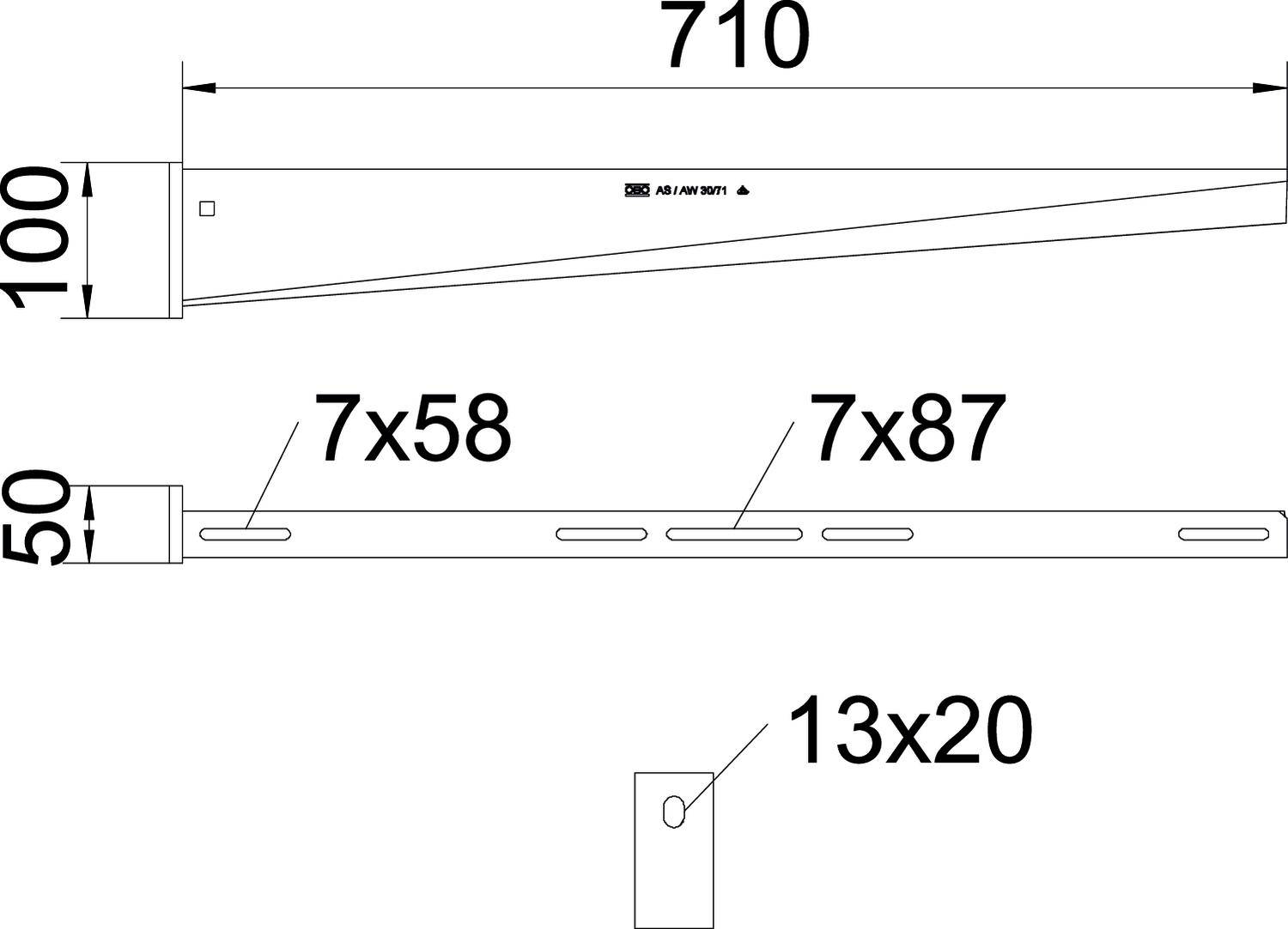 Acélprofil műszaki rajza méretekkel: hosszúság 710 mm, magasság 100 mm. Furat méretek: 7x58, 7x87, 13x20 mm.