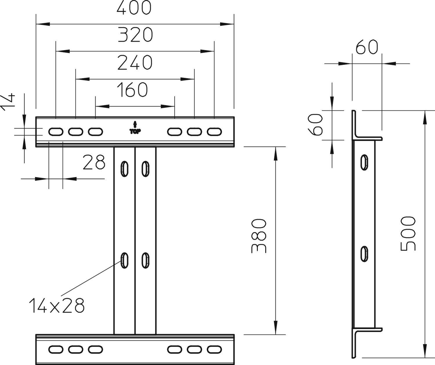Műszaki rajz egy fémprofilról méretekkel: szélesség 400 mm, magasság 380 mm, peremszélesség 60 mm. Fúrások: 14x28 mm.