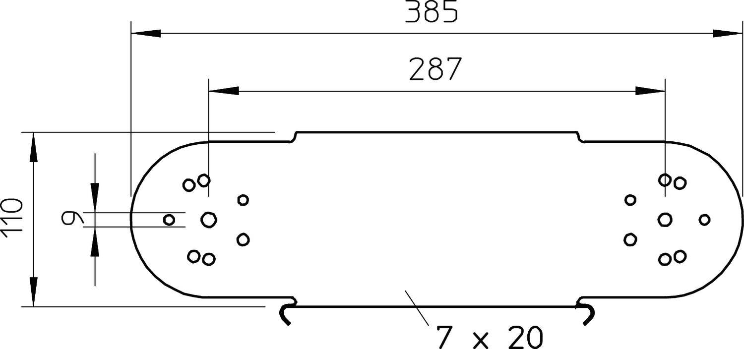 Egy alkatrész műszaki rajza 385 mm hosszúsággal, 110 mm szélességgel. A furat és nyílások fel vannak tüntetve.