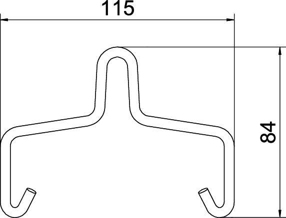 Egy fémhorog műszaki rajza; háromszög alakú, a végein horoggal; szélesség: 115 mm, magasság: 84 mm.