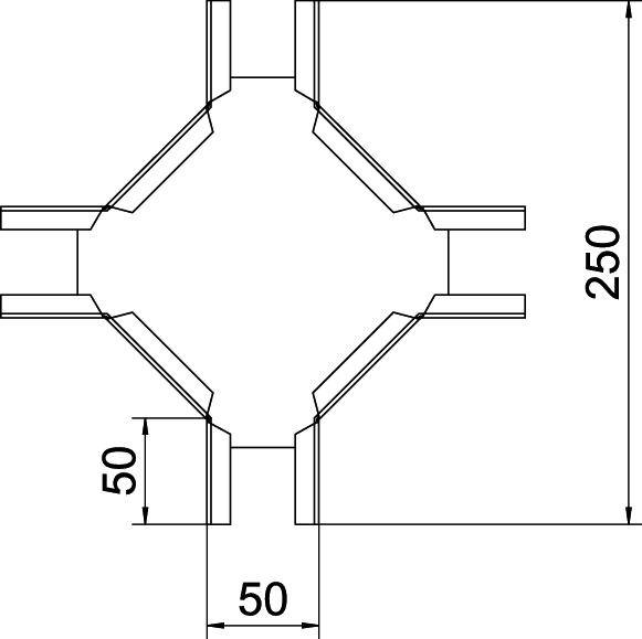 Műszaki rajz egy szimmetrikus kereszt alakú szerkezetről, amelynek teljes méretei 250 x 50 egység.