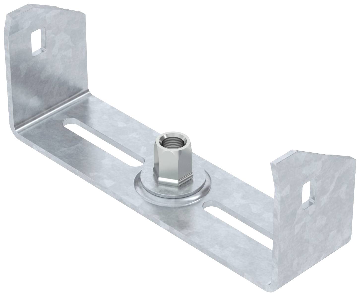Fém sarokpánt központi hatlapfejű anyatartóval, két téglalap alakú szerelőnyílással és hajlított oldallal, rögzítéshez.