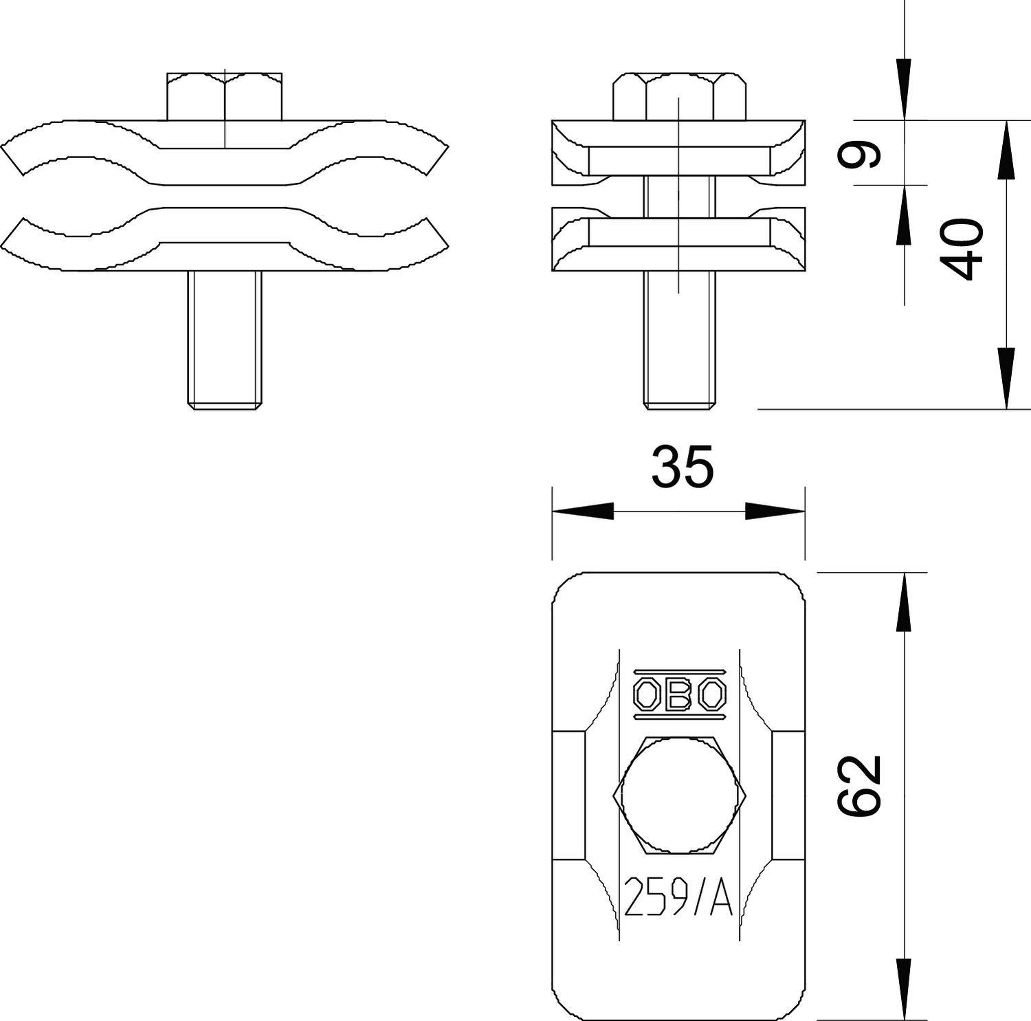 Műszaki rajz egy alkatrészről méretekkel: magasság 9 mm, szélesség 35 mm, hosszúság 62 mm. Felülnézet, oldalnézet és részletrajz.