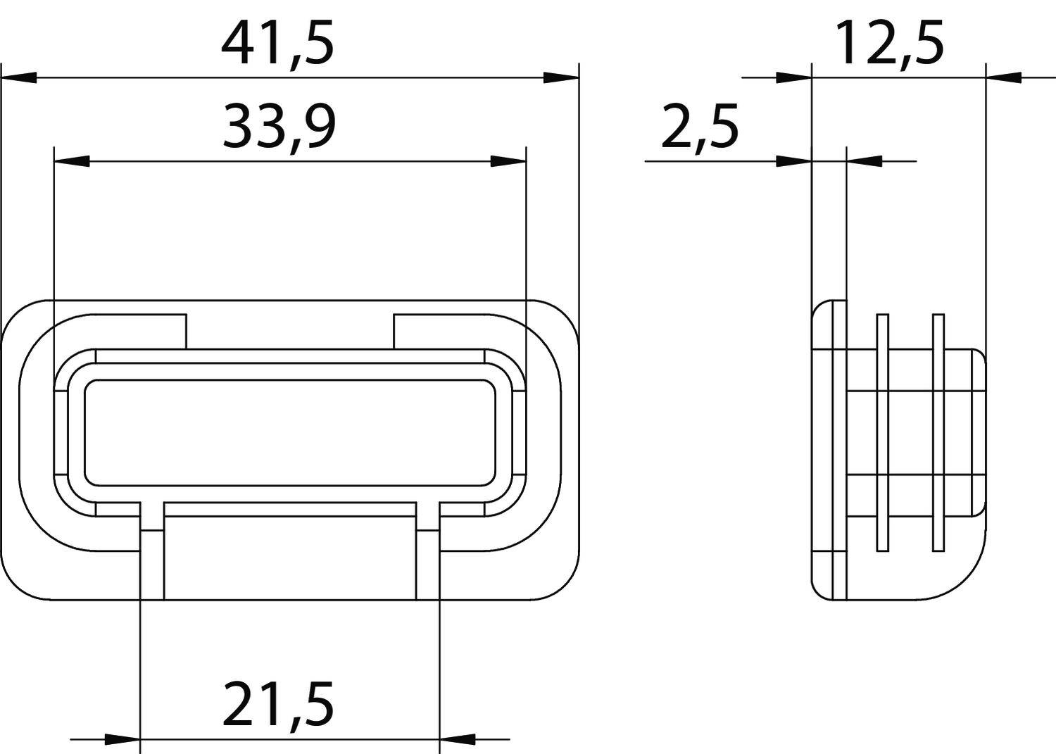 Műszaki rajz egy téglalap alakú alkatrészről a következő méretekkel: 41,5 mm hosszúság, 12,5 mm szélesség, 2,5 mm magasság. A méretek és vonalak kiemeltek.