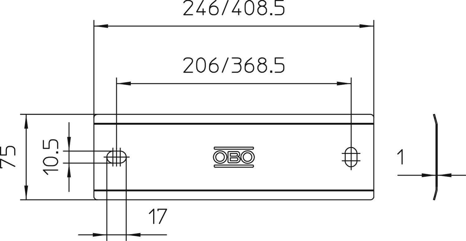 Műszaki rajz egy 246/408,5 x 75 x 17 mm méretű téglalap alakú objektumról, középen az 'OBO' felirattal.