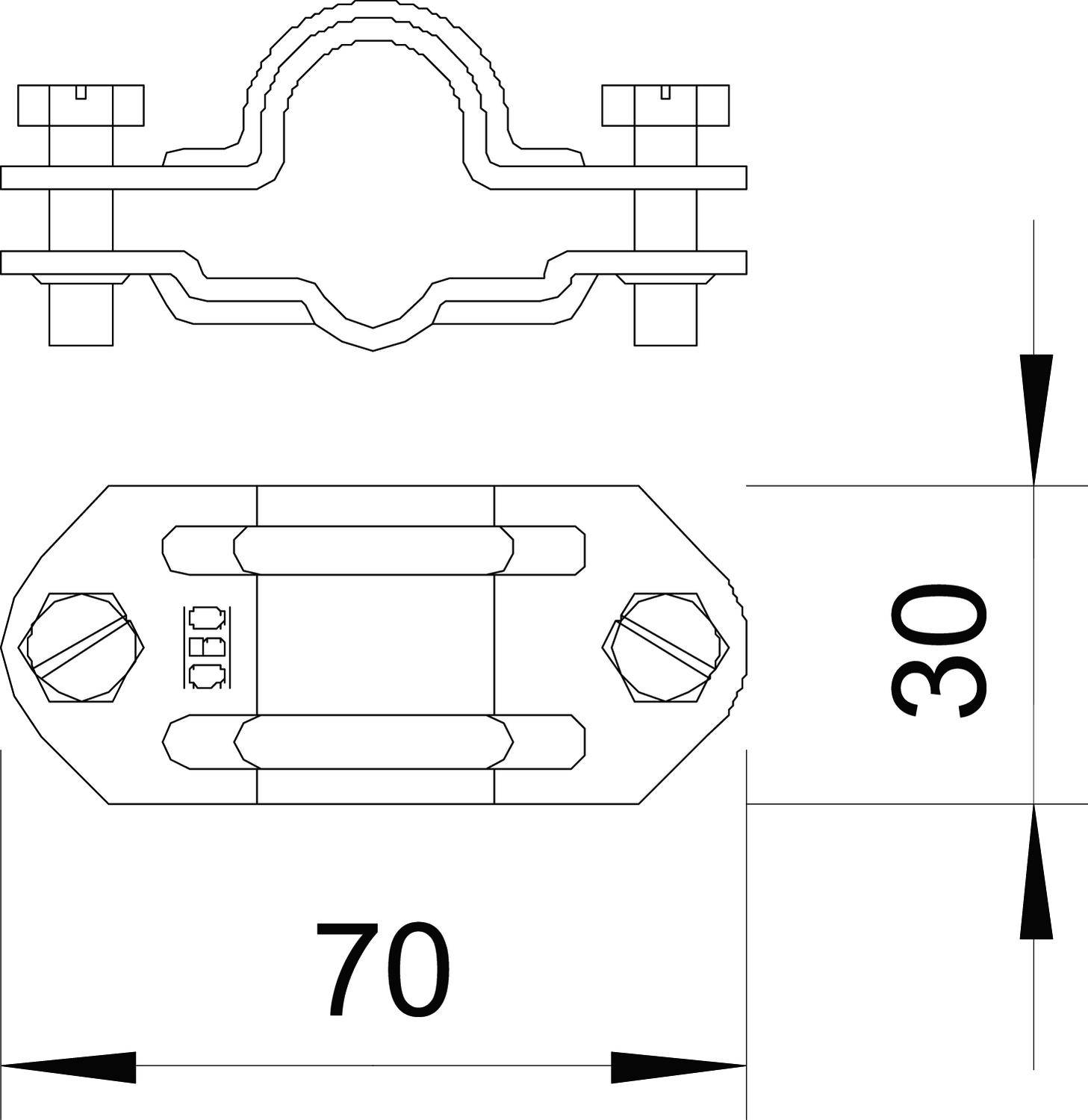 Műszaki rajz egy 70 x 30 mm-es csőbilincsről felülnézeti és oldalnézeti ábrázolással. A csavarok és a szorítók jól láthatók.