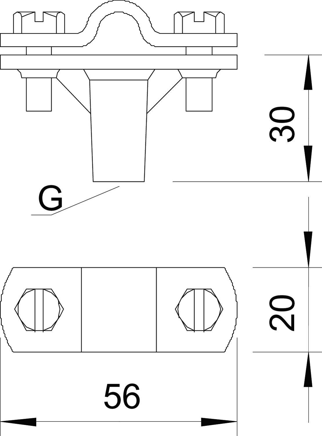 Műszaki rajz egy vasalatról méretekkel: magasság 30 mm, hosszúság 56 mm, szélesség 20 mm, csatlakozás 'G'. Felülnézeti és oldalnézeti ábrázolás.