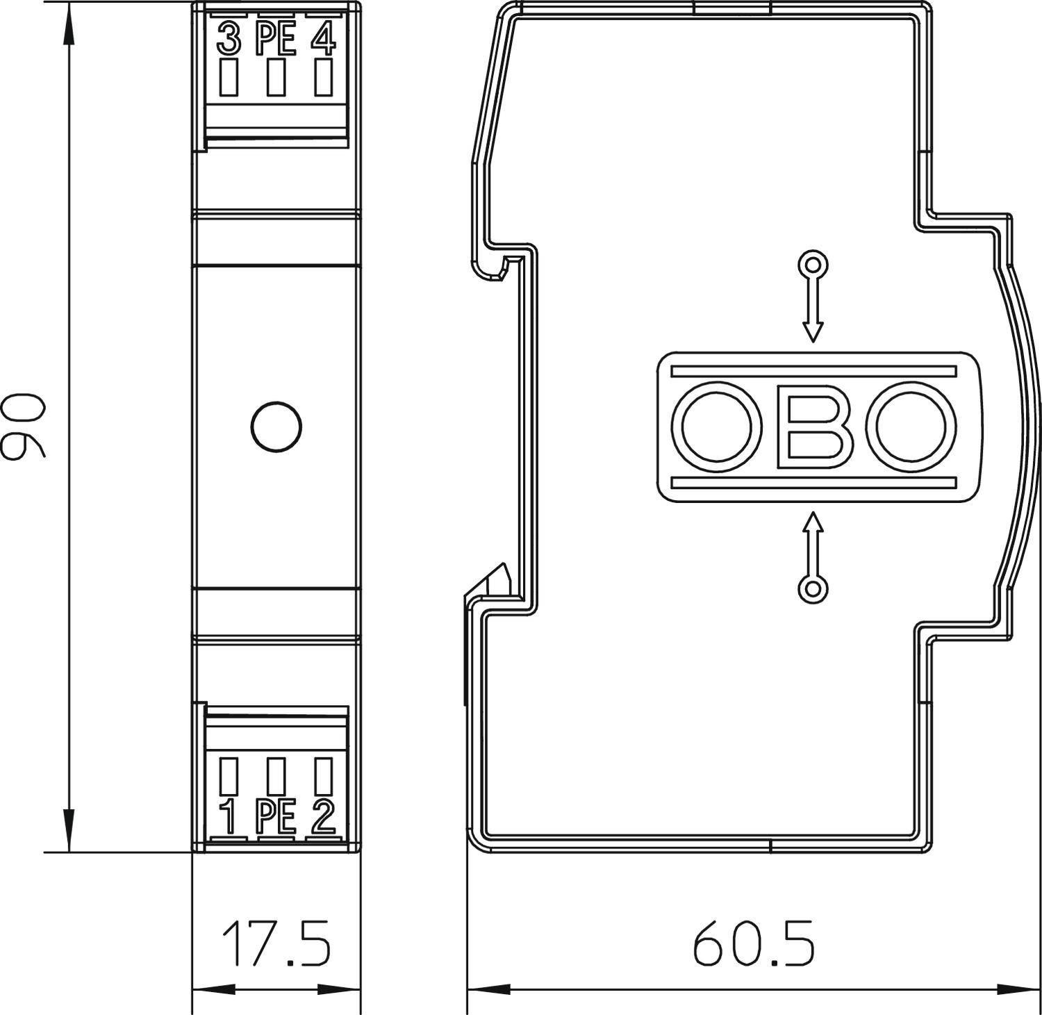 Egy elektromos alkatrész műszaki rajza 90 x 17,5 x 60,5 mm méretekkel. Két csatlakozó felül, két csatlakozó alul van jelölve.