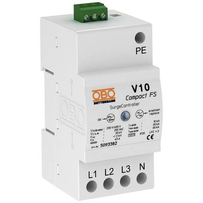 OBO Bettermann V10 Compact FS túlfeszültségvédő készülék, villamos hálózatokhoz, L1, L2, L3 és PE csatlakozókkal, védelmet nyújt túlfeszültség ellen.