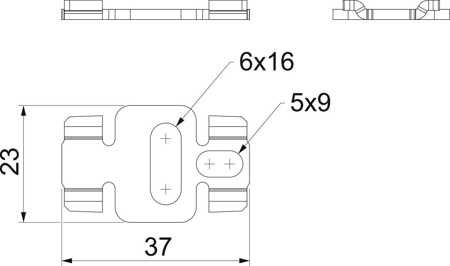 Műszaki rajz egy alkatrészről méretekkel: Szélesség 37 mm, Magasság 23 mm. Két furat jelölve '6x16' és '5x9' méretekkel.