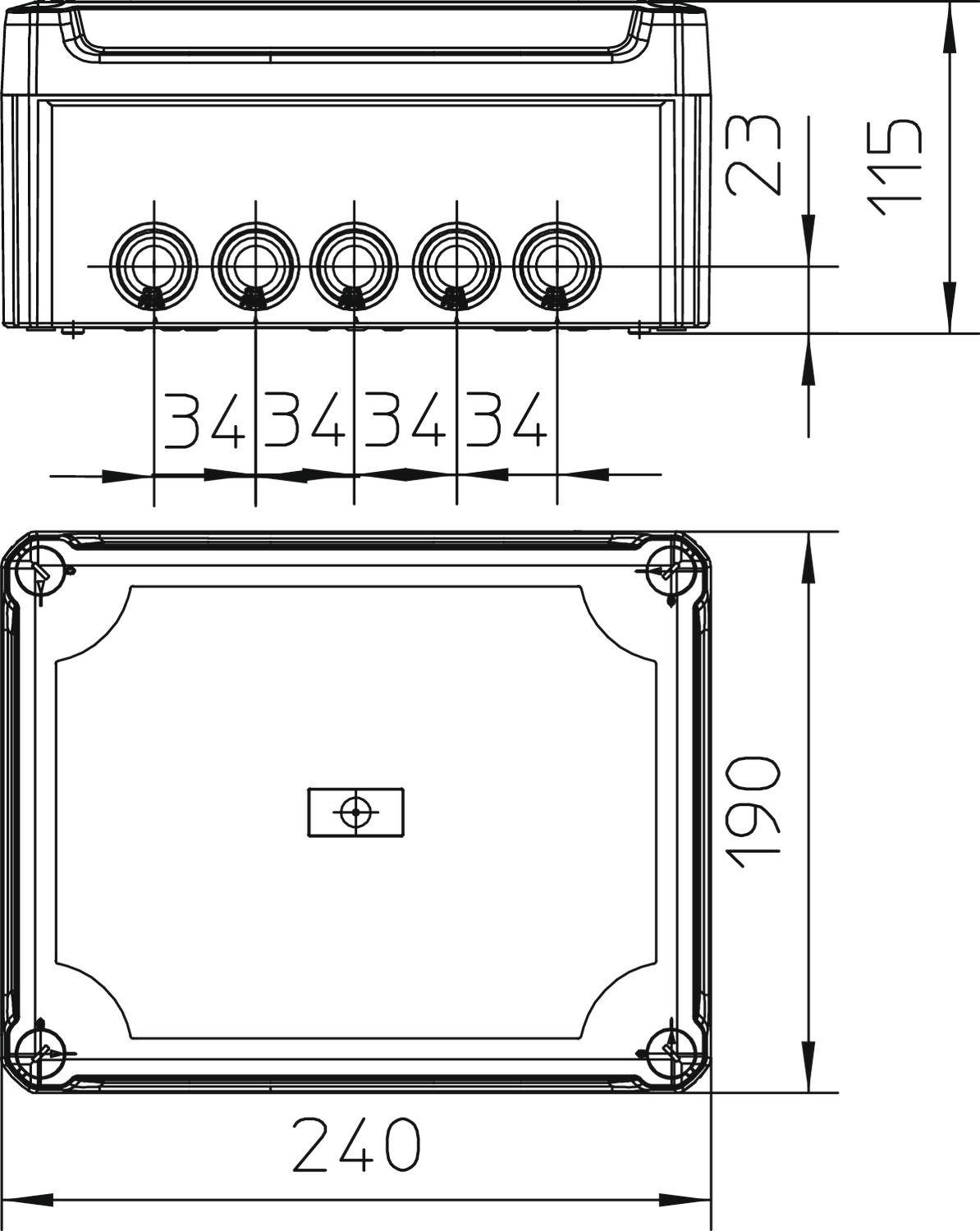 Műszaki rajz egy téglalap alakú házról, amelynek tetején öt kerek csatlakozó található, méretei: 240 mm szélesség, 190 mm magasság.
