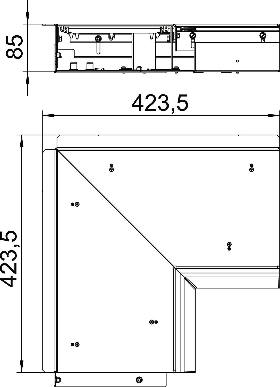 Műszaki rajz egy derékszögű szerkezetről, 423,5 x 423,5 mm-es méretekkel és 85 mm magassággal; a belső szerkezet részletei láthatók.