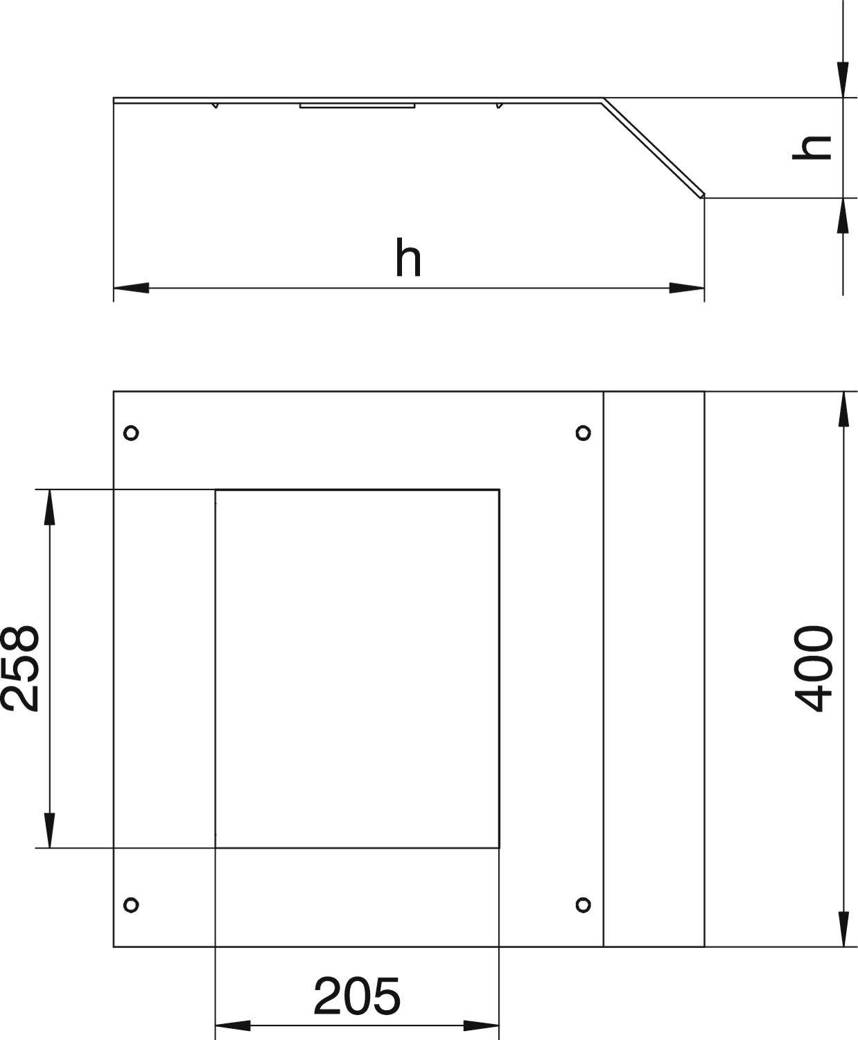 Műszaki rajz egy téglalap alakú fémdobozról. Méretek: szélesség 205 mm, magasság 258 mm, teljes magasság 400 mm. Oldalnézet mutatja a levágott éleket.