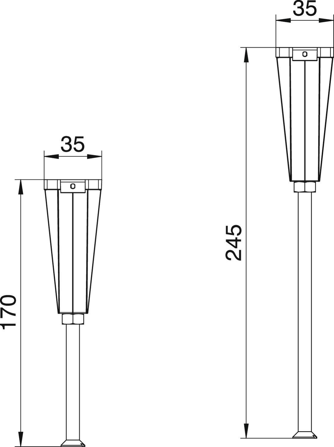 Két lámpa műszaki rajza. Balra: rövidebb lámpa, magassága 170 cm. Jobbra: hosszabb lámpa, magassága 245 cm. Mindkét lámpa felül 35 cm széles.