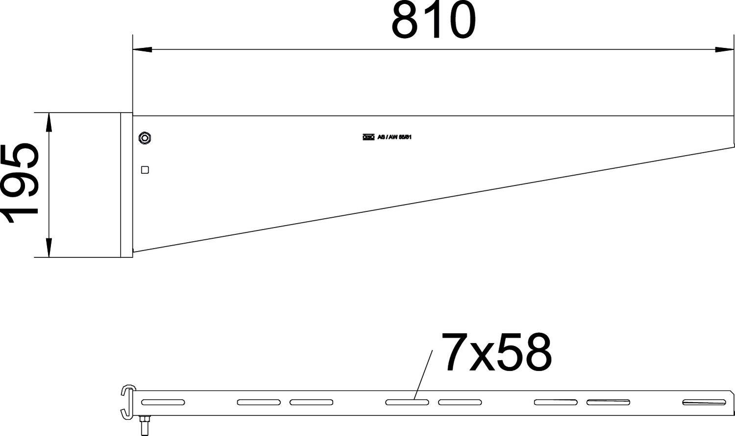 Egy tartó oldalnézeti képe, 810 mm hosszúsággal és 195 mm magassággal, amely egy sor 7x58 mm távolságú nyílást mutat.