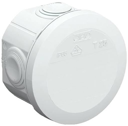 Egy kerek, szürke elektromos csatlakozódoboz 'OBO T 25 IP65' felirattal, háztartási szerelésekhez használható.