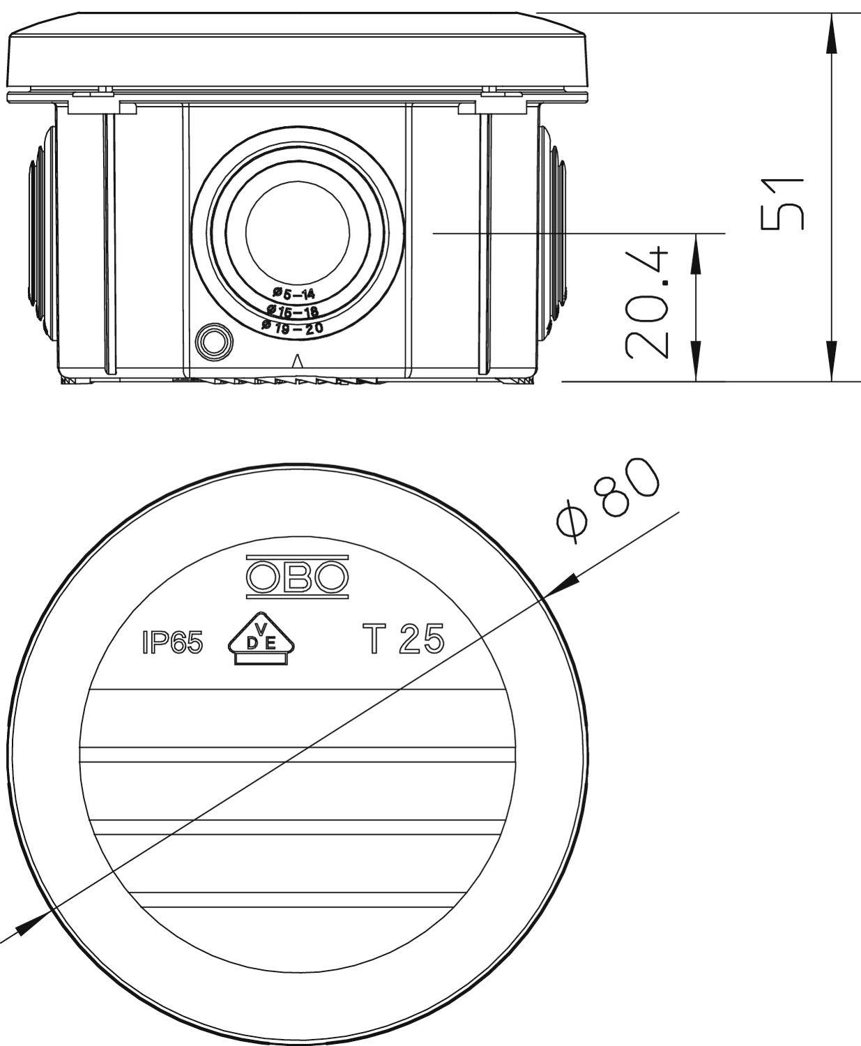 Műszaki rajz egy IP65-ös védettségű házzal, 80 mm átmérőjű, 51 mm magas. Jelölés: OBO, T 25, VDE-jelzés.