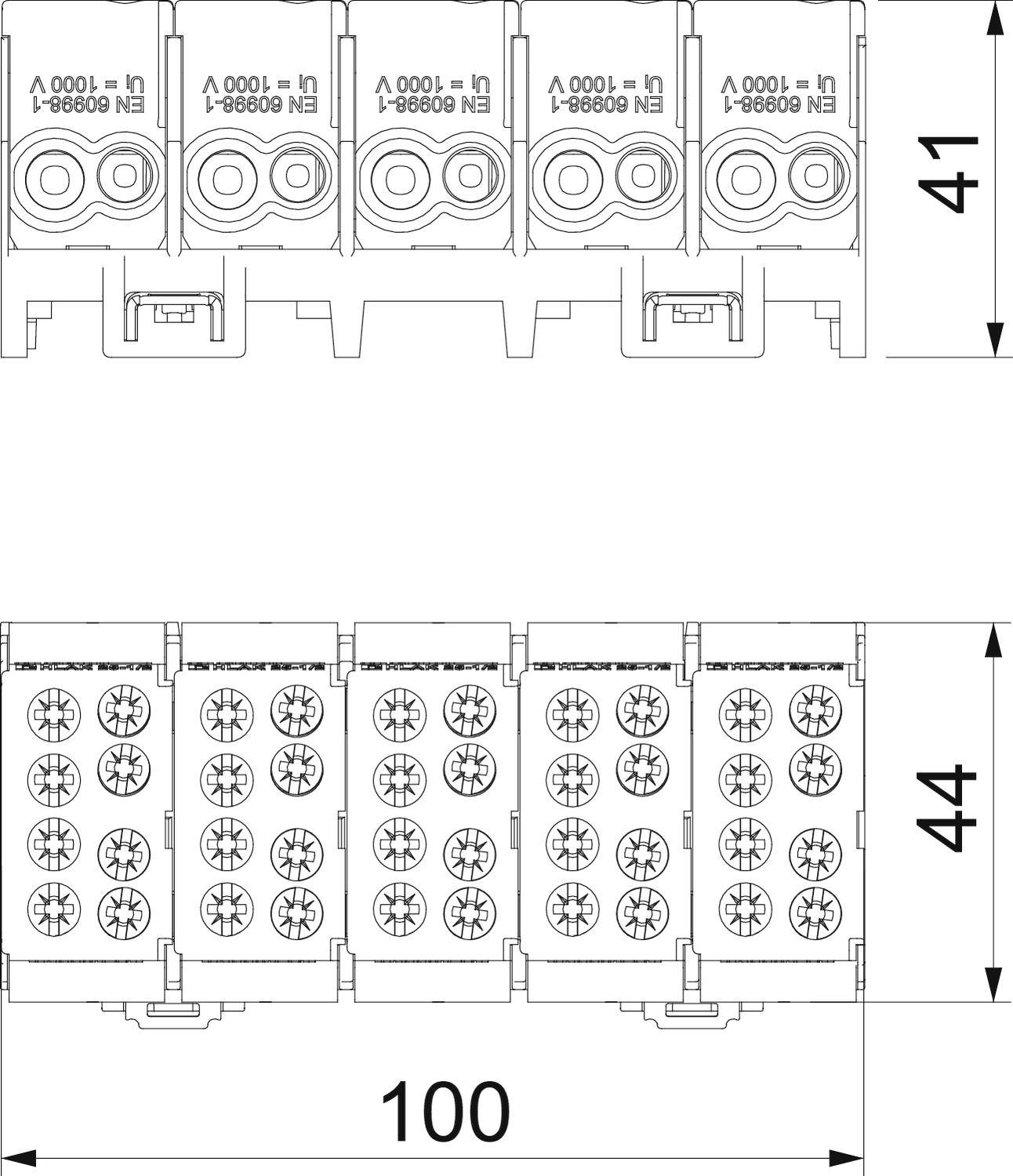 Elektromos csatlakozó műszaki rajza. Felül és alul méretezve: szélesség 100 mm, felső magasság 41 mm, alsó magasság 44 mm.