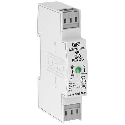 Túlfeszültség-védelmi eszköz, jellemzően elektromos rendszerekhez használva. Felirata: 'Villámvédelmi barrier VF 230 AC/DC, 230V, 2.0A'.