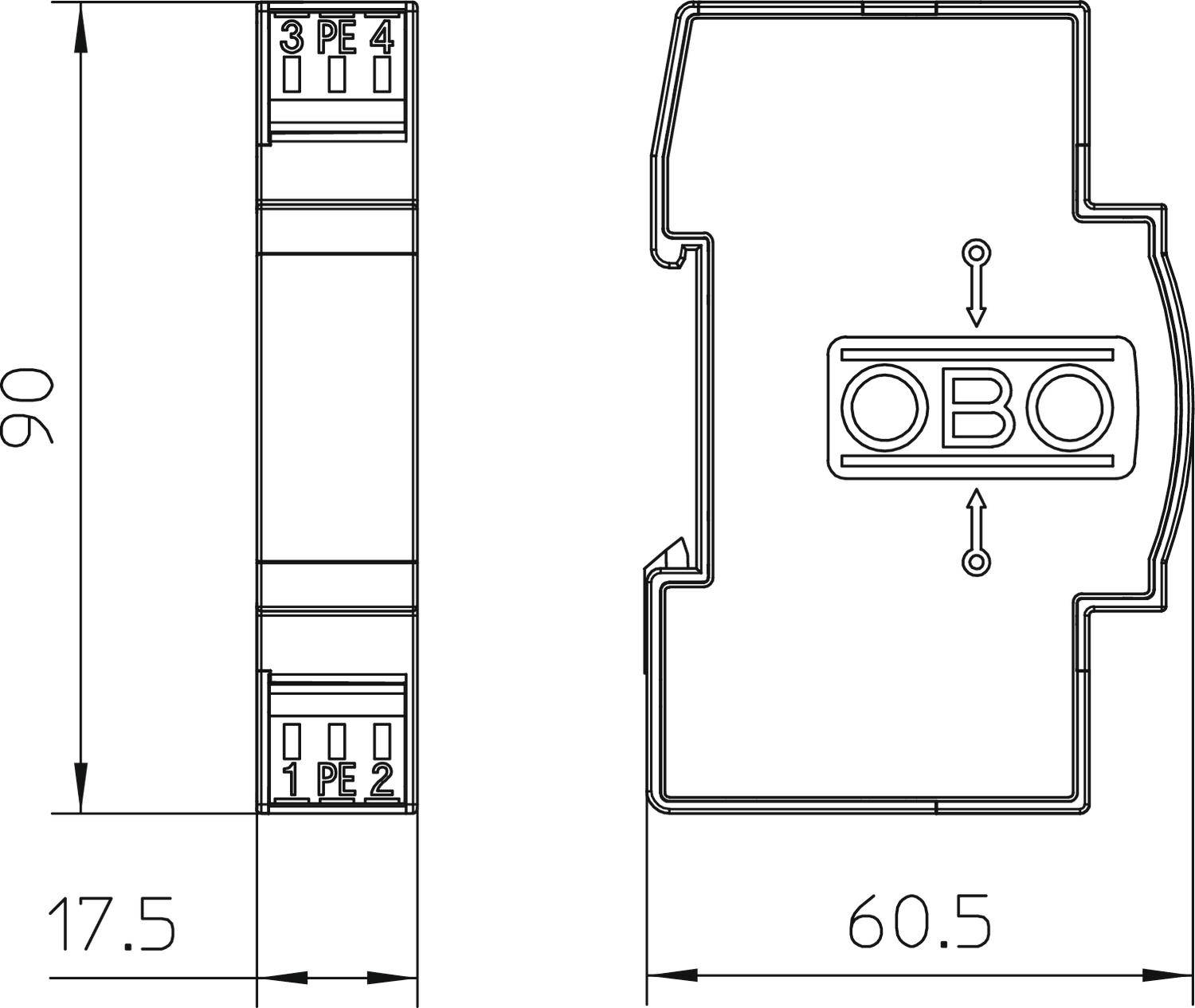 Műszaki rajz egy elektromos alkatrészről méretekkel: magasság 90 mm, szélesség 17,5 mm, mélység 60,5 mm. Csatlakozók: 3 PE 2, 1 PE.