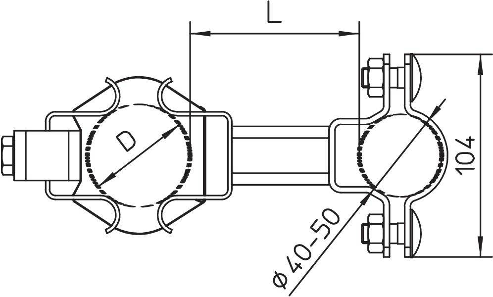 Műszaki rajz egy mechanikai komponensről méretekkel: hosszúság 'L', átmérő 40-50 mm között, magasság 104 mm.