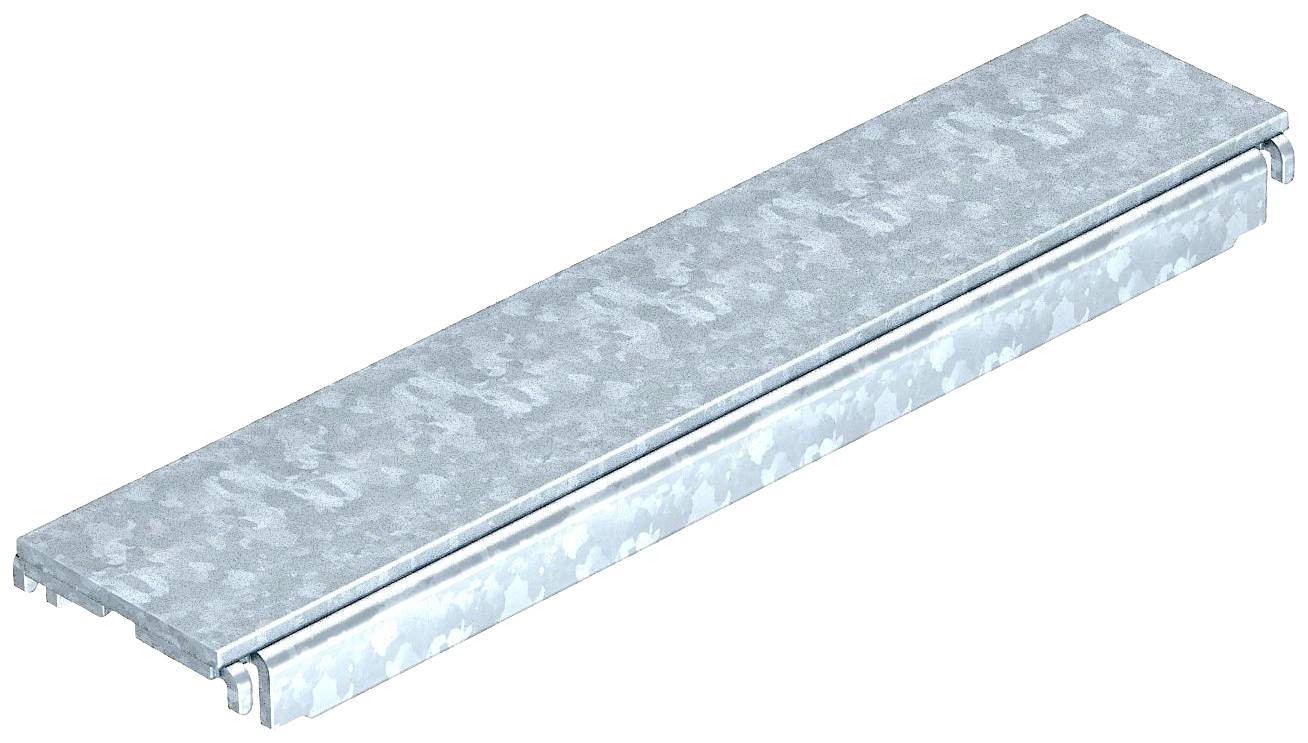 Egy horganyzott acélgerenda téglalap alakban, bordázott felülettel, alkalmas építési szerkezetekhez.
